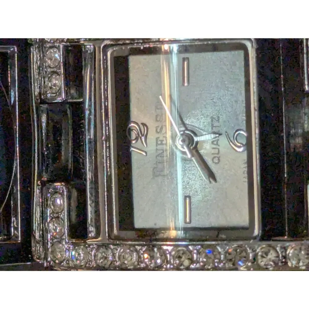 Vintage Finesse Silver Tone Rhinestone Tank Quartz Watch with Decorative Tin